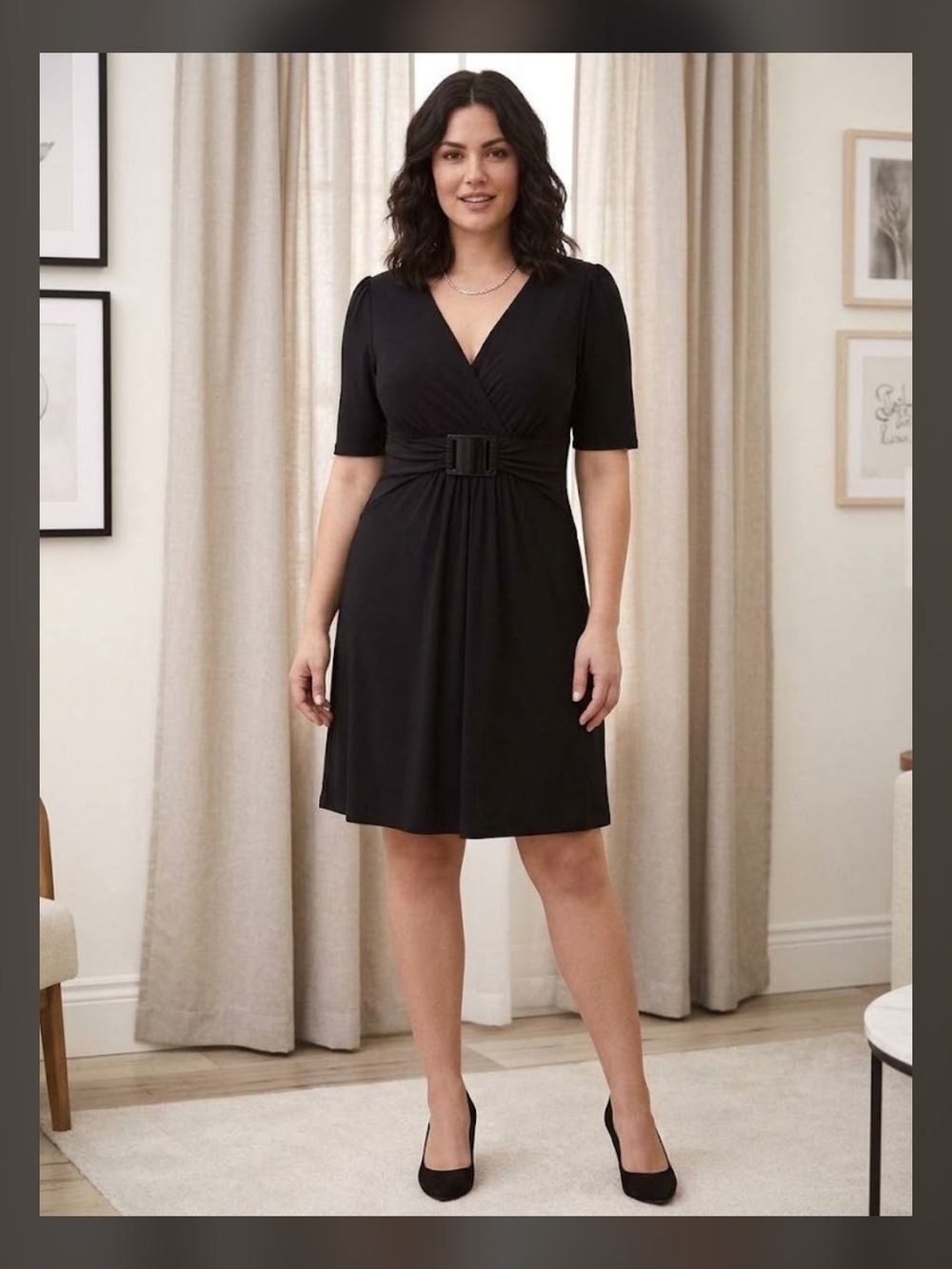 Suzy Shier Black V-Neck Belted Midi Dress